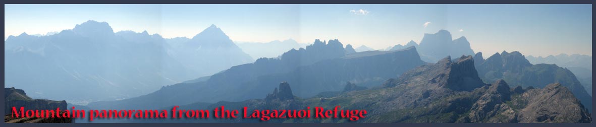 Panorama from Lagazuoi Refuge, with Sorapis, Croda da Lago, Averau and Pelmo, amongst other peaks