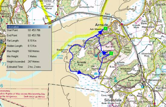 Map of walking route from Arnside to Far Arnside, returning over Arnside Knott