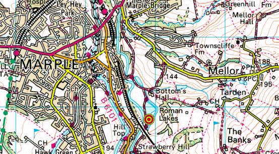 Map of Marple area showing location of Roman Lakes Leisure Park