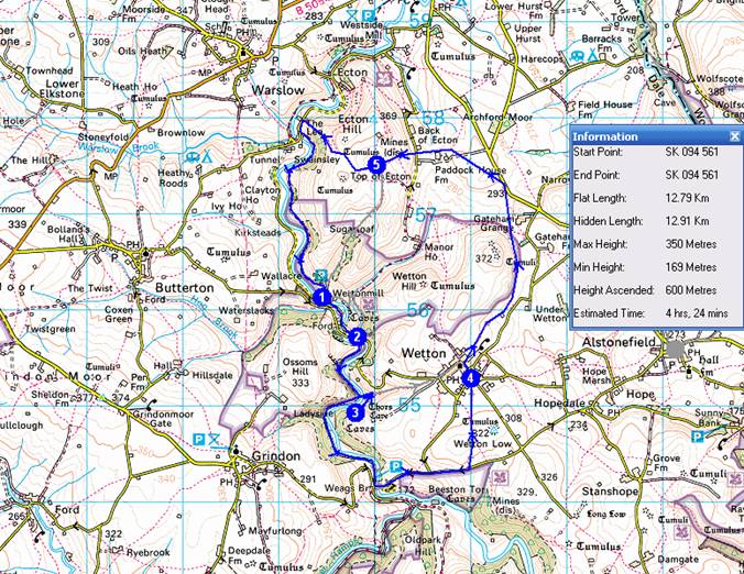 Map of circular walk around Wetton