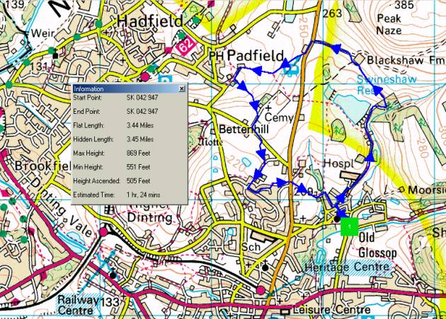 Walking route from Old Glossop to Blackshaw Farm, Little Padfield and back to Old Glossop