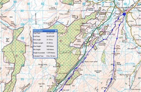 Map of walk up Aran Fawddwy