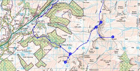 Map of walk up Aran Fawddwy