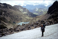 Crossing snowfields approaching Port du Lavedan 