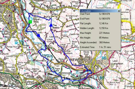Roman Lakes bike ride route to Strines and New Mills and back