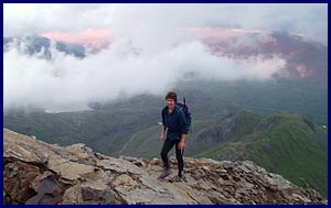Sue strolls up to the start of the scramble over Crib Goch