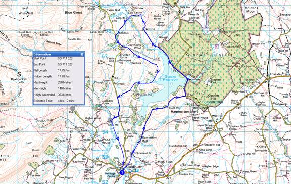 Map of Stocks Reservoir route